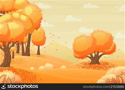 Autumn forest landscape. Fall season, garden panorama with yellow tree and falling leaves. Cartoon wonderland or city park recent vector background. Forest autumn, landscape fall nature illustration. Autumn forest landscape. Fall season, garden panorama with yellow tree and falling leaves. Cartoon wonderland or city park recent vector background