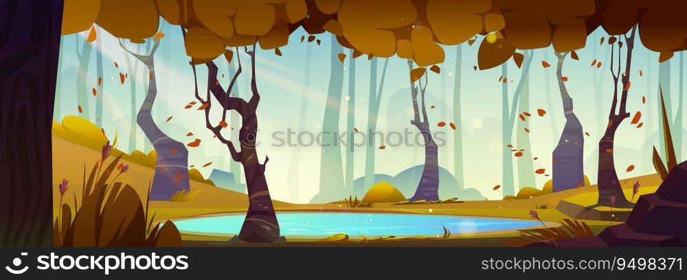 Autumn forest landscape with lake cartoon background scene. Fall season nature and sw&near beautiful maple woods illustration. Fairytale environment for october outdoor design with falling leaves. Autumn forest landscape with lake cartoon scene