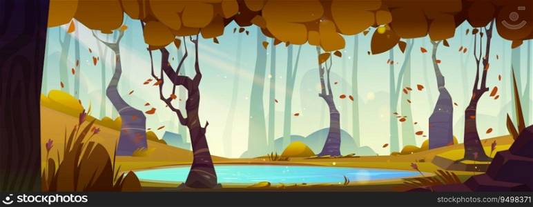 Autumn forest landscape with lake cartoon background scene. Fall season nature and sw&near beautiful maple woods illustration. Fairytale environment for october outdoor design with falling leaves. Autumn forest landscape with lake cartoon scene