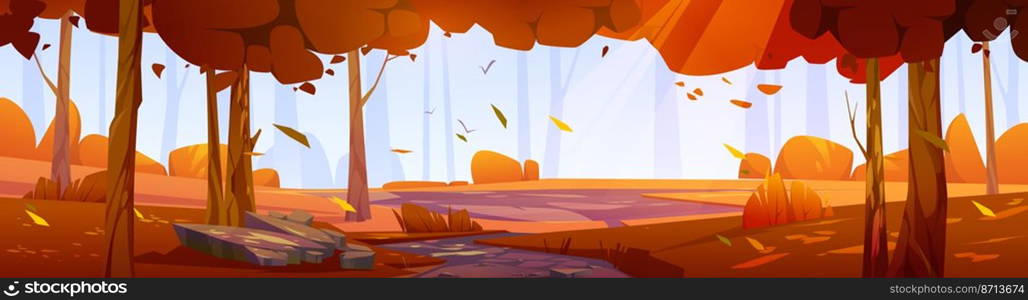 Autumn forest landscape with orange trees and bushes. Vector cartoon illustration of panoramic scene of fall woods, garden or park with plants, falling leaves, path and glade. Autumn forest landscape with orange trees