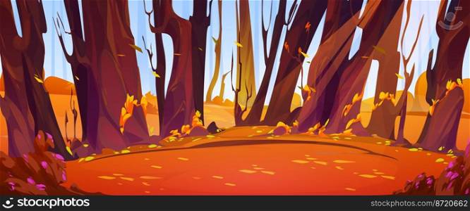Autumn forest scene with trees and bushes with orange foliage, grass and flowers. Deep woods, garden or park landscape with falling leaves on glade in fall, vector cartoon illustration. Autumn forest scene with trees and bushes