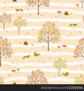 Autumn forest seamless pattern with squirrels in cartoon style,for decorative,kid product,fabric,textile,wallpaper and all print,vector illustration