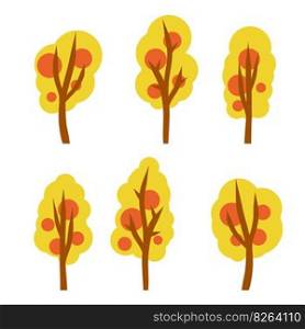 Autumn forest. Trees with red and orange leaves. Bushes and branches on a white background. Set of Element of nature, Park and forest. Cartoon flat illustration. Autumn forest. Trees with red and orange leaves