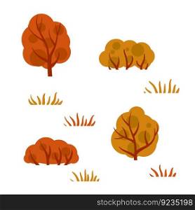 Autumn forest. Trees with red and orange leaves. Bushes and branches on a white background. Set of Element of nature, Park and forest. Cartoon flat illustration. Autumn forest. Trees with red and orange leaves