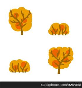 Autumn forest. Trees with red and orange leaves. Bushes and branches on a white background. Set of Element of nature, Park and forest. Cartoon flat illustration. Autumn forest. Trees with red and orange leaves.