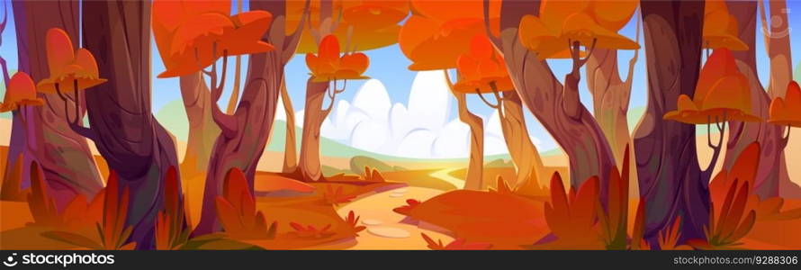 Autumn forest vector landscape. Path near orange tree in cartoon fall park scene. Sunny day in valley horizon. Falling season and footpath on road between maple woods, blue sky with cloud. Autumn forest landscape with orange fall trees