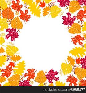 autumn frame. Abstract autumnal circle frame with fall autumn leaves. Fall season greeting card, poster, flyer, banner design template. Vector illustration.