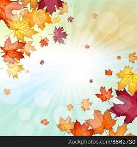 Autumn frame with blowing maple leaves over fall vanilla sky background with sunlight rays and glows. Elegant warm autumn leaf design. Vector illustration.