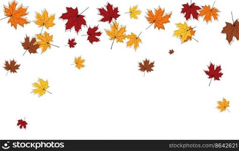 Autumn frame with blowing maple leaves over white Background. Elegant maple fall sketch doodle design. Vector Illustration.