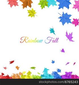 Autumn frame with falling maple leaves in rainbow colors on white background. Elegant design with text space and ideal balanced colors. Vector illustration.