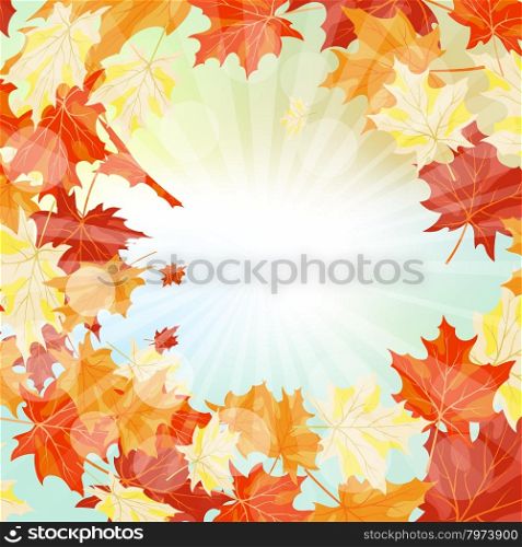 Autumn Frame With Falling Maple Leaves on Sky Background. Elegant Design with Rays of Sun and Ideal Balanced Colors. Vector Illustration.