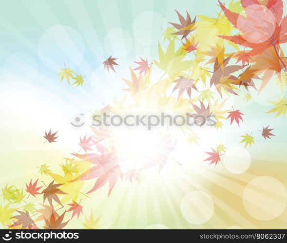 Autumn Frame With Falling Maple Leaves on Sky Background. Elegant Design with Rays of Sun and Ideal Balanced Colors. Vector Illustration.