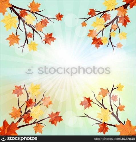 Autumn Frame With Maple Leaves on Branches of Tree Over Sky Background. Elegant Design with Text Space and Ideal Balanced Colors. Vector Illustration.