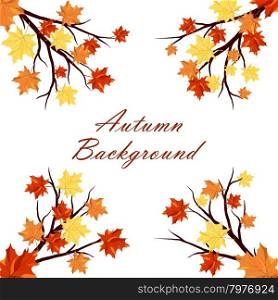 Autumn Frame With Maple Leaves on Branches of Tree Over White Background. Elegant Design with Text Space and Ideal Balanced Colors. Vector Illustration.
