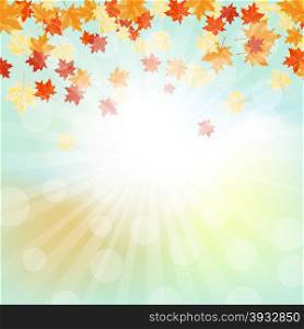 Autumn Frame With Maple Leaves Over Sky Background. Elegant Design with Text Space and Ideal Balanced Colors. Vector Illustration.