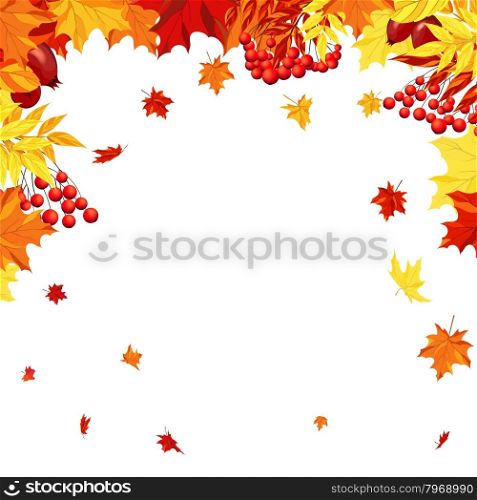 Autumn Frame With Maple, Rowan and Dog Rose Leaves and Berries Over White Background. Elegant Design with Text Space and Ideal Balanced Colors. Vector Illustration.