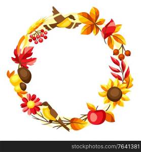 Autumn frame with seasonal leaves and items. Illustration of foliage and flowers.. Autumn frame with seasonal leaves and items.