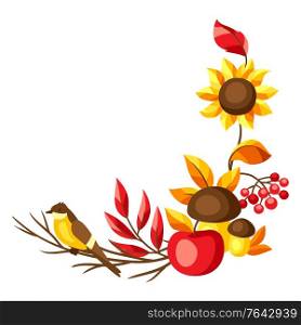 Autumn frame with seasonal leaves and items. Illustration of foliage and flowers.. Autumn frame with seasonal leaves and items.