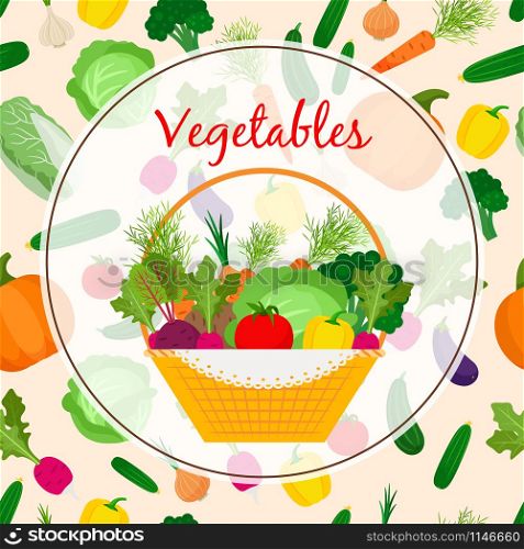Autumn fresh vegetable in basket, with colorful background, vector illustration. Autumn fresh vegetable in basket