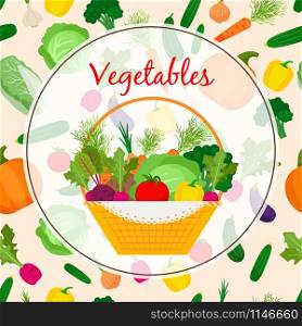 Autumn fresh vegetable in basket, with colorful background, vector illustration. Autumn fresh vegetable in basket