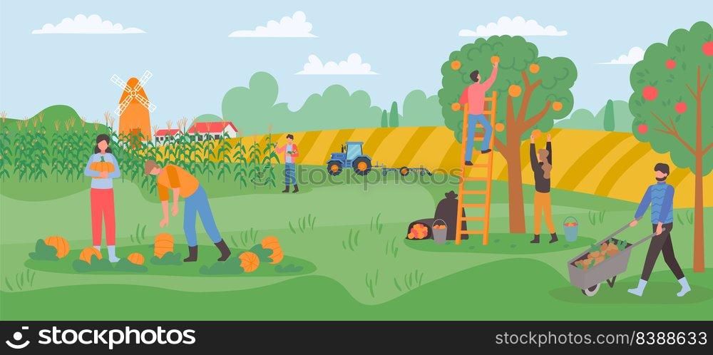Autumn gathering, farmers collect harvest fruits in garden. Vector fruit agriculture harvest, farmer farming autumn, character worker woman and man illustration. Autumn gathering, farmers collect harvest fruits in garden