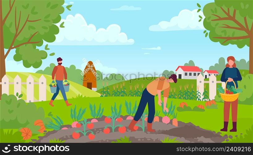 Autumn gathering. People collecting harvest, man picking carrot and beetroot, woman holding basket with vegetables. Growing organic and ecological plants. Outdoor cultivation vector. Autumn gathering. People collecting harvest, man picking carrot and beetroot, woman holding basket with vegetables