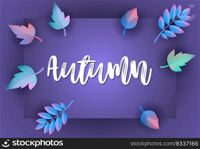 Autumn greeting card design with violet background. Handwritten text with border and fall leaves. Vector illustration can be used for banners, brochures, posters