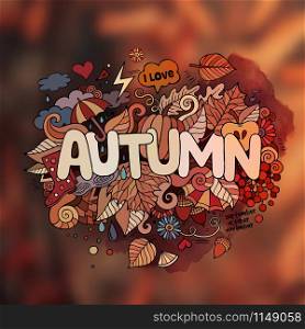 Autumn hand lettering and doodles elements background. Vector blurred illustration. Autumn hand lettering and doodles elements background