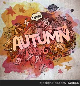 Autumn hand lettering and doodles elements background. Vector watercolor illustration. Autumn hand lettering and doodles elements background