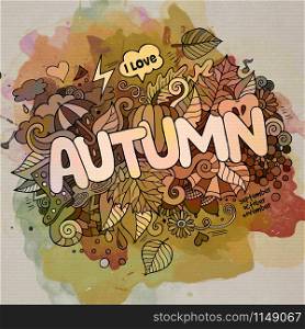Autumn hand lettering and doodles elements background. Vector watercolor illustration. Autumn hand lettering and doodles elements background