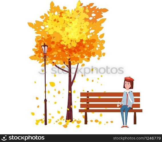 Autumn, happy girl sitting on a bench with a cup of coffee, under a tree with falling leaves. Autumn, happy girl sitting on a bench with a cup of coffee, under a tree with falling leaves in a park, vector, illustration, isolated