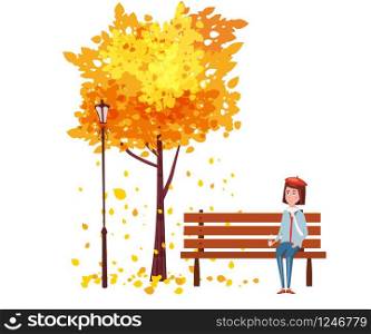 Autumn, happy girl sitting on a bench with a cup of coffee, under a tree with falling leaves. Autumn, happy girl sitting on a bench with a cup of coffee, under a tree with falling leaves in a park, vector, illustration, isolated