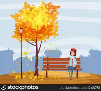 Autumn, happy girl sitting on a bench with a cup of coffee, under a tree with falling leaves. Autumn, happy girl sitting on a bench with a cup of coffee, under a tree with falling leaves in a park, city, urban, vector, illustration, isolated