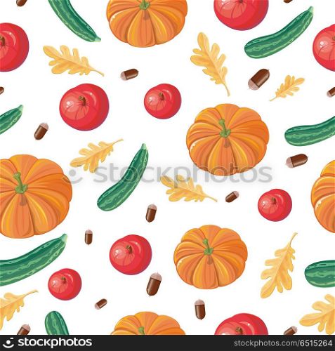 Autumn harvest conceptual vector seamless pattern. Flat design. Ripe pumpkins, zucchini, apples, acorns, oak leaves on white background. Vegetable ornament. For wrapping, printings, grocery ad. Autumn Harvest Seamless Pattern Illustration. Autumn Harvest Seamless Pattern Illustration