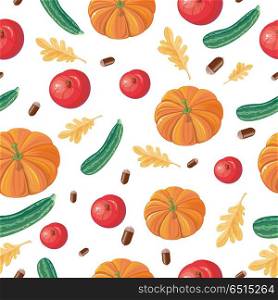 Autumn harvest conceptual vector seamless pattern. Flat design. Ripe pumpkins, zucchini, apples, acorns, oak leaves on white background. Vegetable ornament. For wrapping, printings, grocery ad. Autumn Harvest Seamless Pattern Illustration. Autumn Harvest Seamless Pattern Illustration