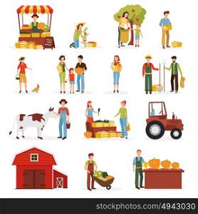 Autumn Harvest Farm Flat Icons Collection . Autumn harvest time on farm flat icons collection with tractor cow and orchard abstract isolated vector illustration