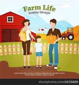 Autumn Harvest Farm Illustration. Leading healthy lifestyle family during autumn harvest time on farm flat vector illustration