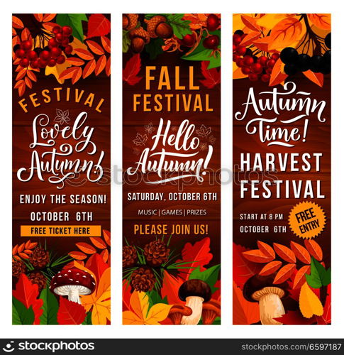 Autumn harvest festival invitation banner set of fall season holiday template. Fallen leaf poster on wooden background with border of orange and red foliage of maple and oak, mushroom, acorn and berry. Autumn season harvest festival invitation banner