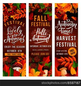 Autumn harvest festival invitation banner set of fall season holiday template. Fallen leaf poster on wooden background with border of orange and red foliage of maple and oak, mushroom, acorn and berry. Autumn season harvest festival invitation banner