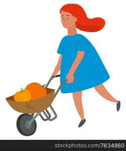 Autumn harvest, girl carrying pumpkins in wheelbarrow. Farming and agriculture, farm food or vegetables, natural products and gardening item. Vector illustration in flat cartoon style. Girl Carrying Pumpkins Harvest in Wheelbarrow