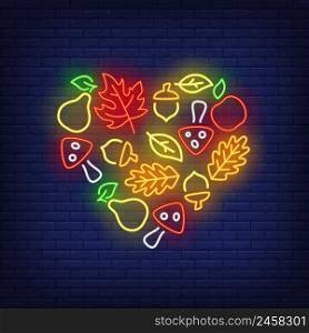 Autumn harvest neon sign. Heart shaped bunch of fall leaves, mushrooms, fruits and acorns. Autumn concept. Vector illustration in neon style, glowing element for posters, flyers, greeting cards
