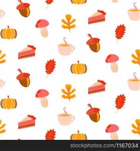Autumn harvest objects pumpkin, acorn, pie, mushroom and leaves. Fall seamless vector pattern in pink and orange colors.. Autumn harvest objects pumpkin, acorn, pie, mushroom and leaves. Fall seamless pattern in pink and orange colors.