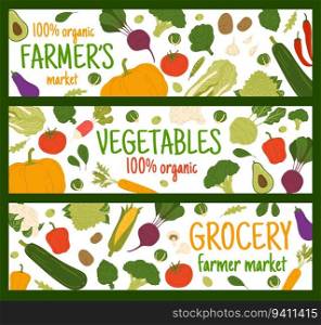 Autumn harvest raw vegetables. Vector banners with squash, spinach, ch&ignon and bell pepper with carrot. Avocado, corn cob, potato, pumpkin and beetroot. Broccoli, eggplant, tomato and kohlrabi. Autumn harvest raw vegetables vector banners