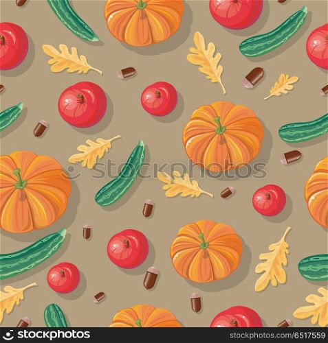 Autumn Harvest Seamless Pattern Illustration. Autumn harvest conceptual vector seamless pattern. Flat design. Ripe pumpkins, zucchini, apples, acorns, oak leaves on yellow-brown background. Vegetable ornament. For wrapping, printings, grocery ad. Autumn Harvest Seamless Pattern Illustration