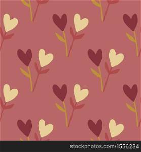 Autumn hearts and twigs seamless pattern. Soft burgundy background with yellow and dark heart elements. Decorative print for wallpaper, wrapping paper, textile print, fabric. Vector illustration.. Autumn hearts and twigs seamless pattern. Soft burgundy background with yellow and dark heart elements.