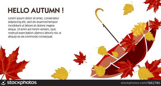 Autumn hello, poster or banner with decorative foliage and leaves, umbrella and windy weather. Dry leafage and text sample, seasonal offers and clearance advertisements. Vector in flat style. Hello autumn, poster with text and decorative leaf