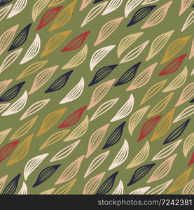 Autumn herbal pattern with red, orange, pink and white outline leaves. Green background. Vector illustration. Trendy scandinavian design for fashion textile print, wallpaper, wrapping paper.. Autumn herbal pattern with red, orange, pink and white outline leaves. Green background.