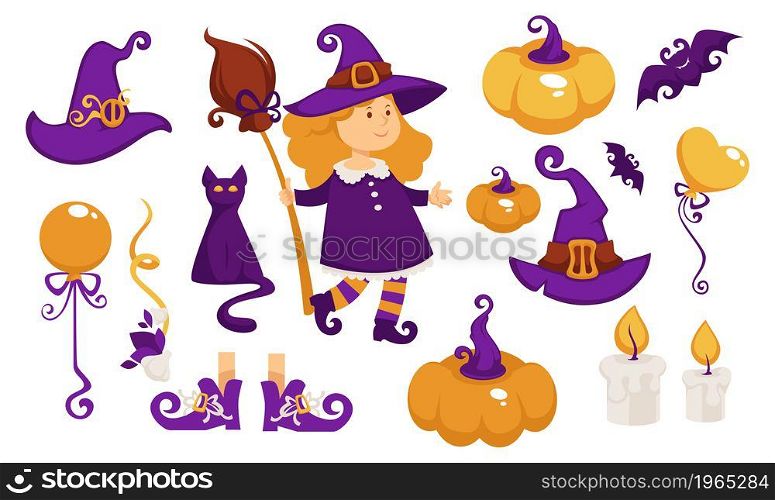 Autumn holiday celebration and preparation, costume of witch for little girl. Hat and boots, pumpkin and bat, candles with light and black cat animal, magic broomsticks. Vector in flat style. Halloween party costume of little girl vector