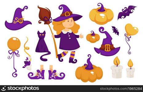 Autumn holiday celebration and preparation, costume of witch for little girl. Hat and boots, pumpkin and bat, candles with light and black cat animal, magic broomsticks. Vector in flat style. Halloween party costume of little girl vector