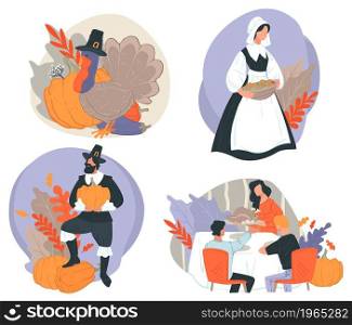 Autumn holidays and festive events, family celebration of thanksgiving by sharing dinner. Food prepared for special occasion. Pumpkin and baked turkey with fall season veggies. Vector in flat style. Family celebration of thanksgiving day vector